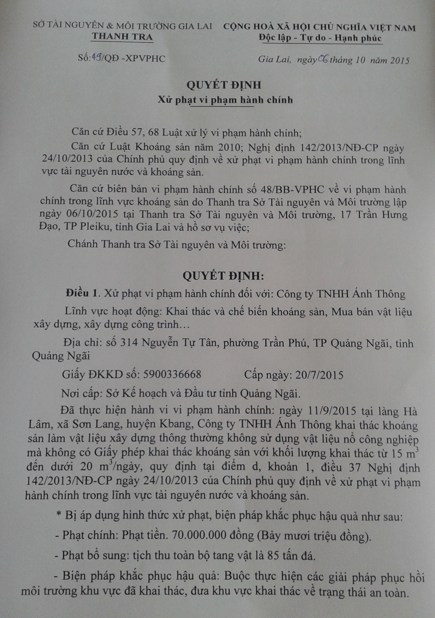 Xử[-]phạt[-]Công[-]ty[-]Ánh[-]Thông[-]70[-]triệu[-]đồng[-]vì[-]khai[-]thác[-]đá[-]trái[-]phép